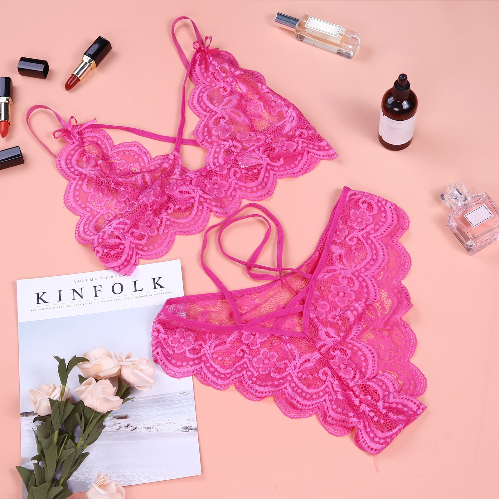 Bow Strappy Plus Size 2 Piece Women's Lace Mature Women Transparent Sexy Bra Set Underwear