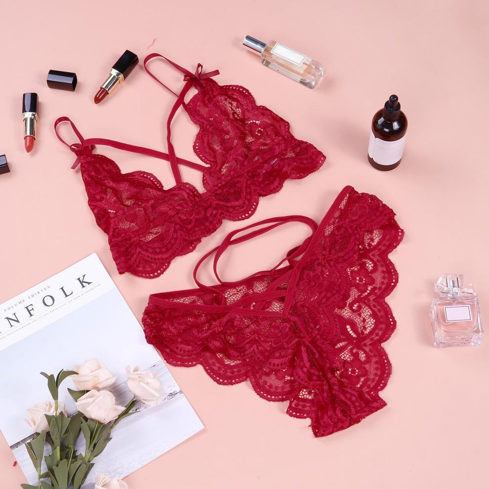 Bow Strappy Plus Size 2 Piece Women's Lace Mature Women Transparent Sexy Bra Set Underwear