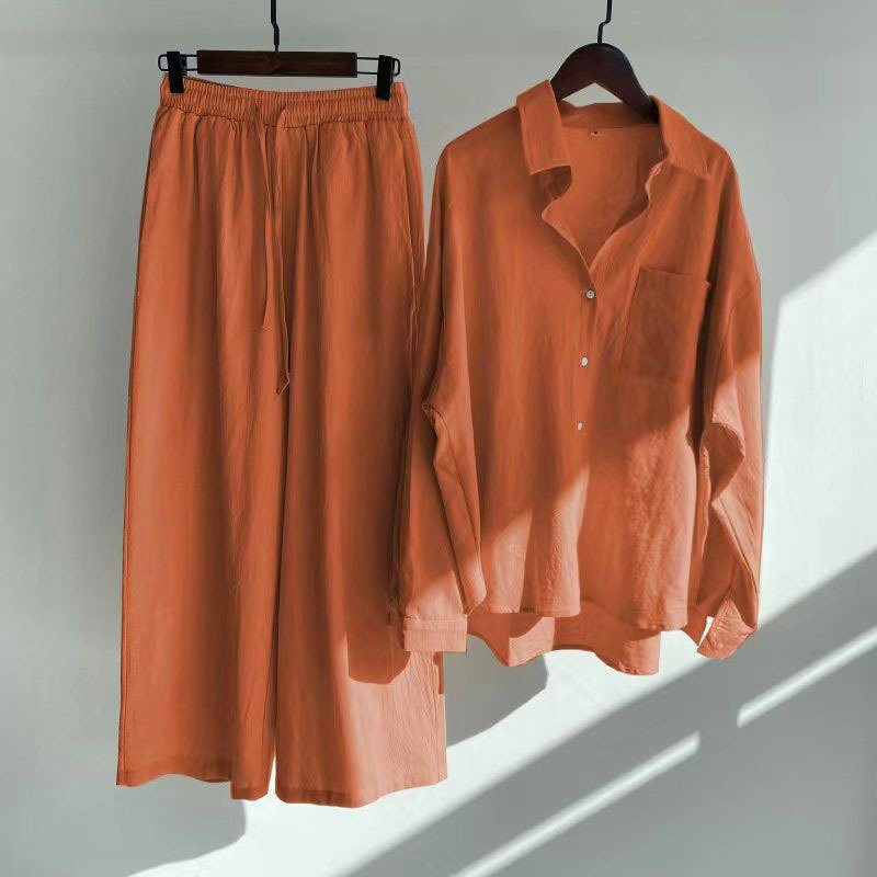 Wholesale 2024 selling new ramie cotton solid color shirt set high waist loose elastic waist trousers two-piece set