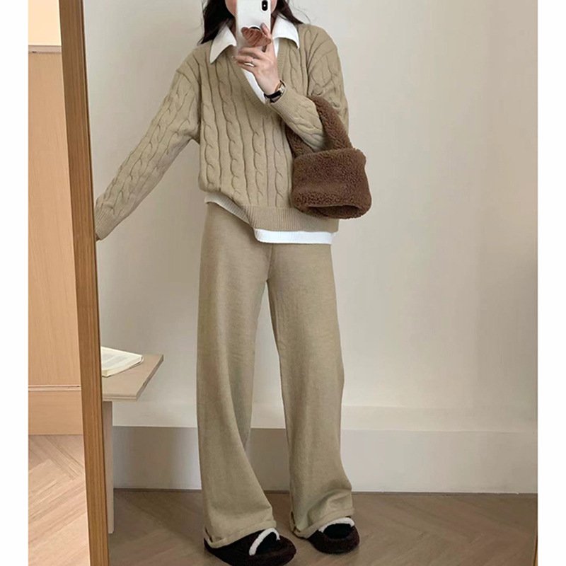 Boutique Wholesale 2024 Autumn New Fashionable Loose Fake Two Piece Sweater Wide Leg Pants Women's Set