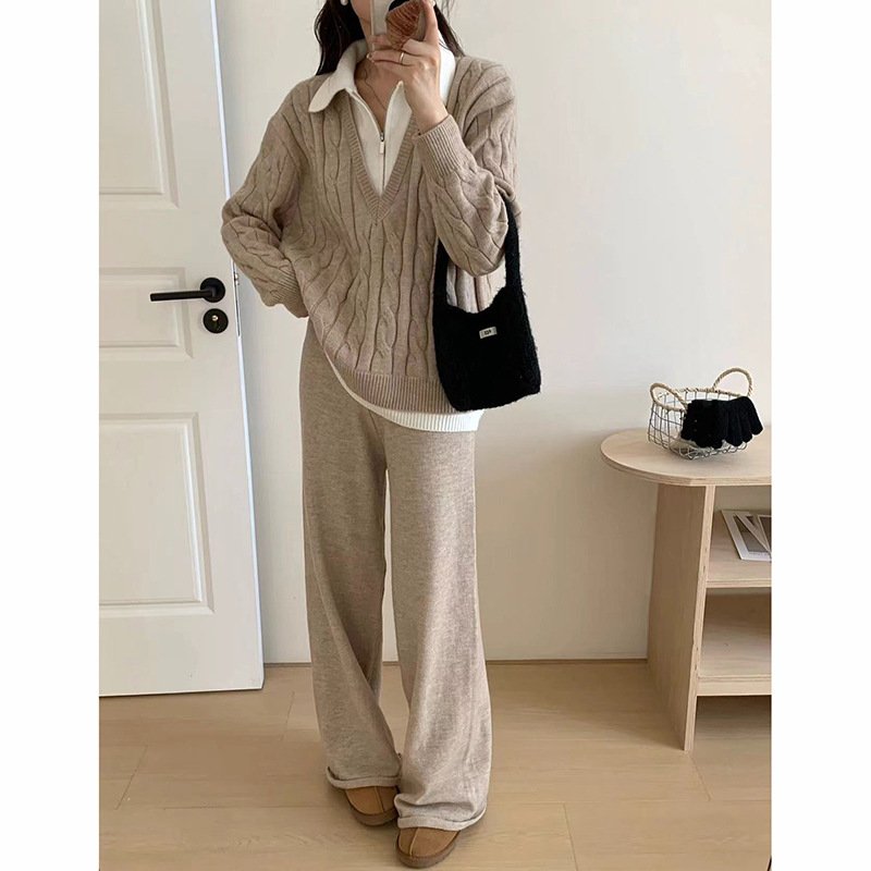 Boutique Wholesale 2024 Autumn New Fashionable Loose Fake Two Piece Sweater Wide Leg Pants Women's Set