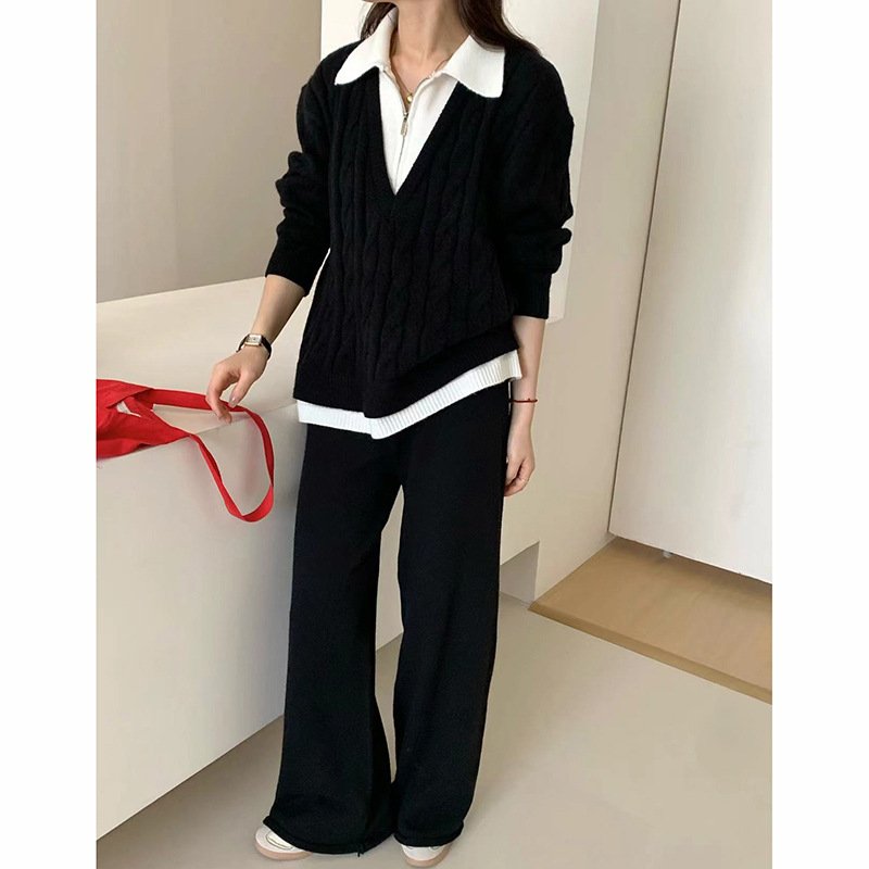 Boutique Wholesale 2024 Autumn New Fashionable Loose Fake Two Piece Sweater Wide Leg Pants Women's Set