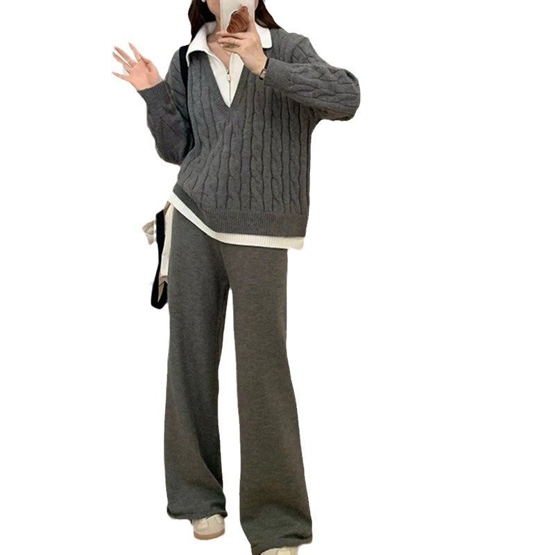 Boutique Wholesale 2024 Autumn New Fashionable Loose Fake Two Piece Sweater Wide Leg Pants Women's Set