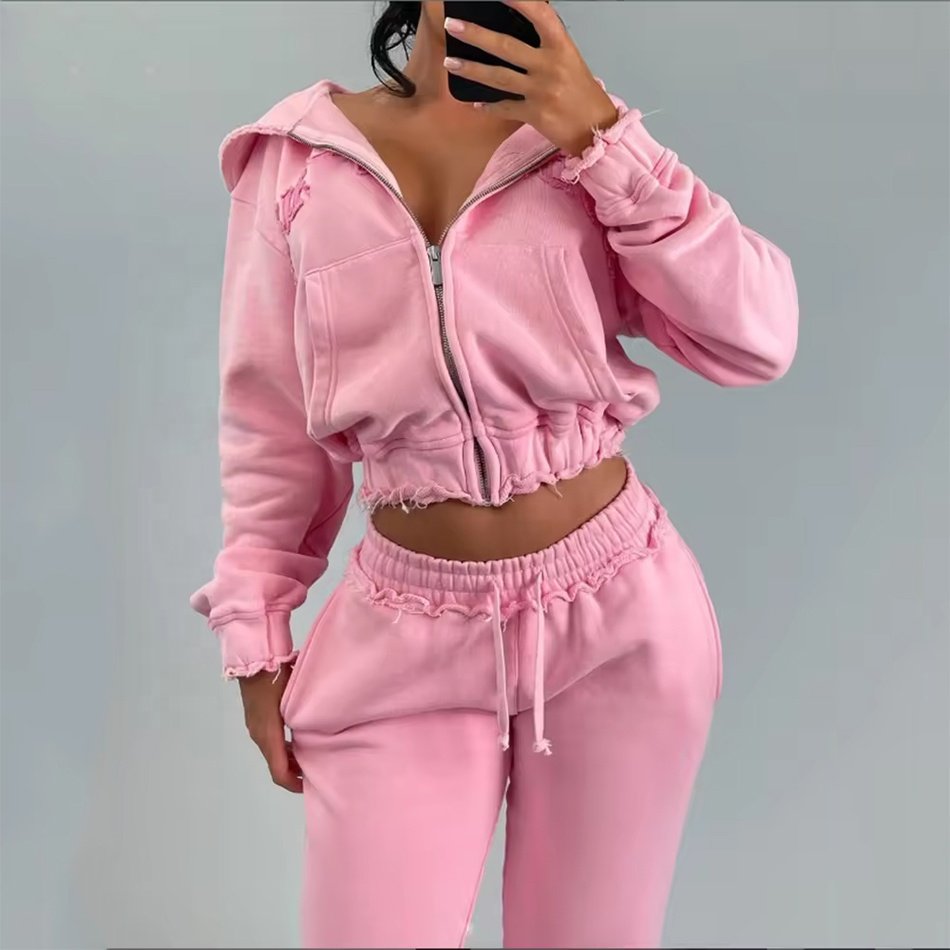 2024 Autumn New Custom Streetwear Acid Wash Distressed Patch Embroidery Cropped 2 Piece Jogger Set Tracksuits for Women