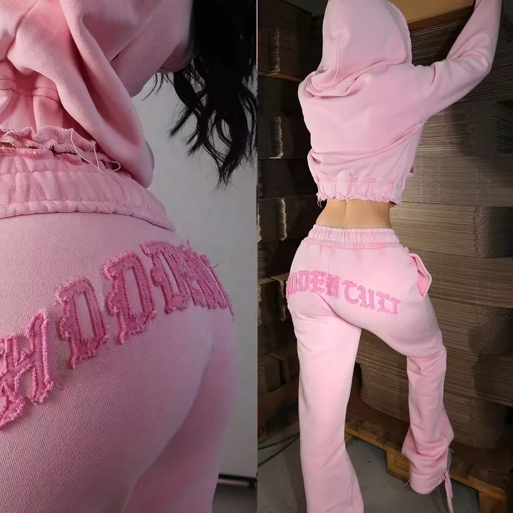 2024 Autumn New Custom Streetwear Acid Wash Distressed Patch Embroidery Cropped 2 Piece Jogger Set Tracksuits for Women