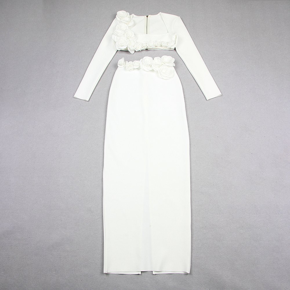 High Quality Elegant 2 Piece Set Women Spring 2024 Long Sleeve 3D Flower Crop Top and Skirt Sets