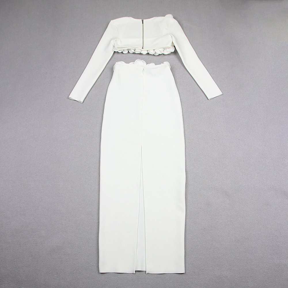 High Quality Elegant 2 Piece Set Women Spring 2024 Long Sleeve 3D Flower Crop Top and Skirt Sets