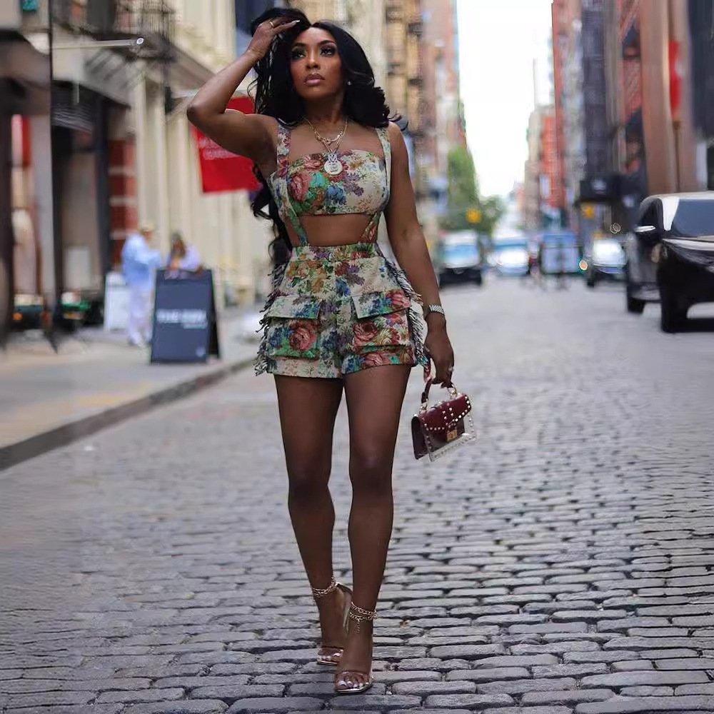 Summer Fashion Female Clothes Set Street Wear Vintage Print Tube Top and Tassel Overall Shorts 2 Piece Set Women Outfit