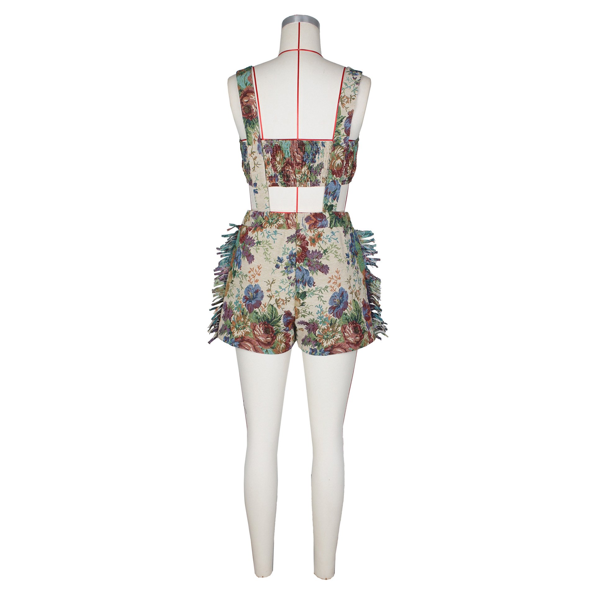 Summer Fashion Female Clothes Set Street Wear Vintage Print Tube Top and Tassel Overall Shorts 2 Piece Set Women Outfit