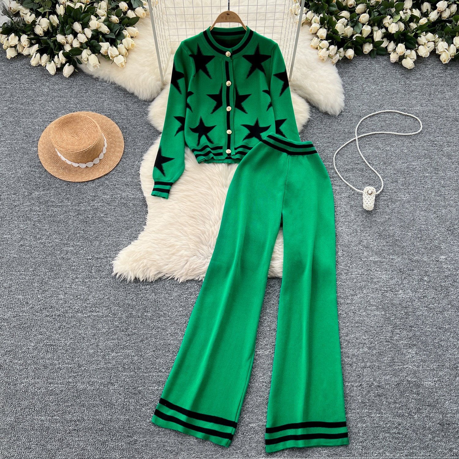 Fashion Knit Cardigan Sweater Jacket Women High Waist Casual Wide Leg Pants 2 Piece Set