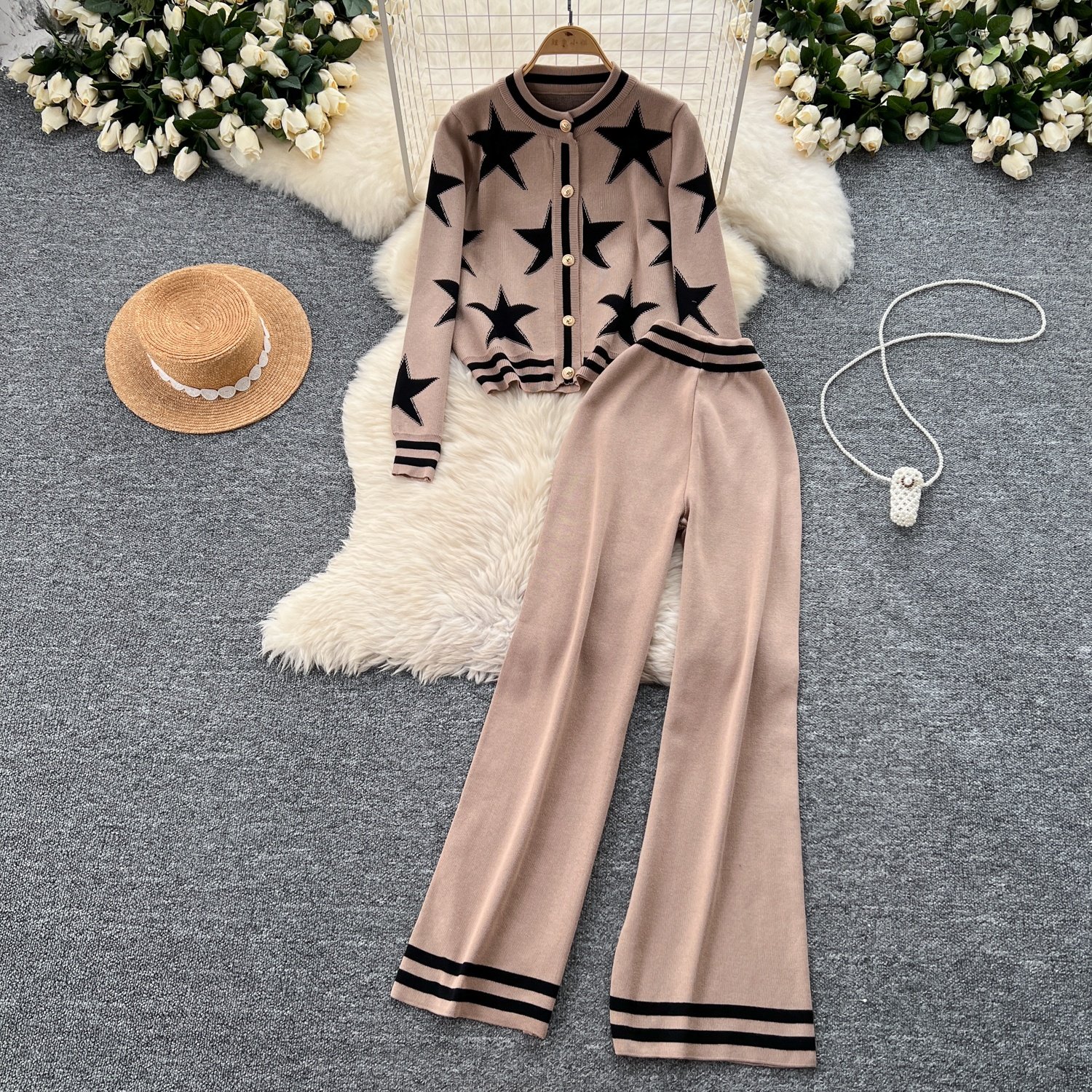 Fashion Knit Cardigan Sweater Jacket Women High Waist Casual Wide Leg Pants 2 Piece Set