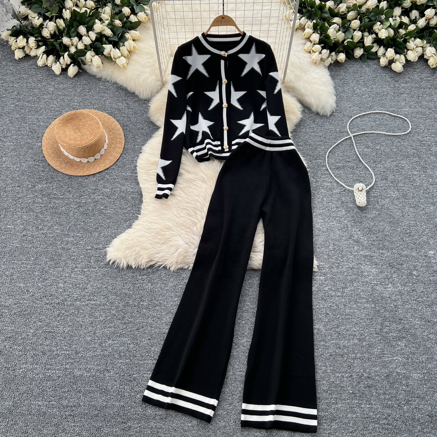 Fashion Knit Cardigan Sweater Jacket Women High Waist Casual Wide Leg Pants 2 Piece Set