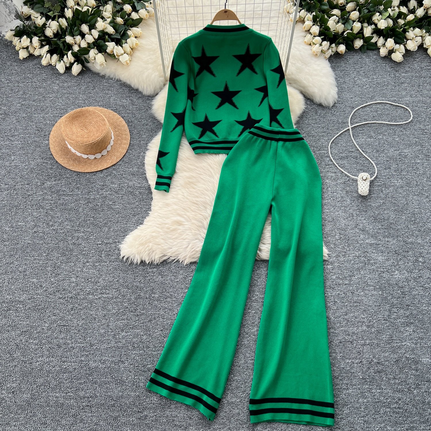 Fashion Knit Cardigan Sweater Jacket Women High Waist Casual Wide Leg Pants 2 Piece Set