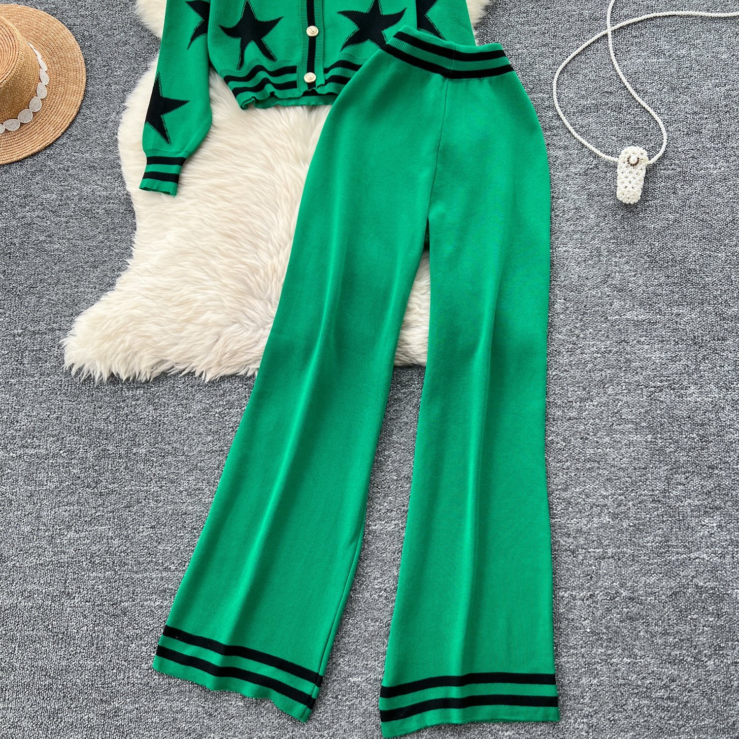 Fashion Knit Cardigan Sweater Jacket Women High Waist Casual Wide Leg Pants 2 Piece Set