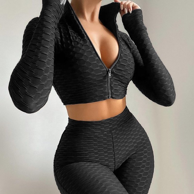 2024 Yoga Sets Zipper Pattern Women Long Sleeve Top + Shorts Sports Wear Skinny Fit Outfits 2 piece women sets