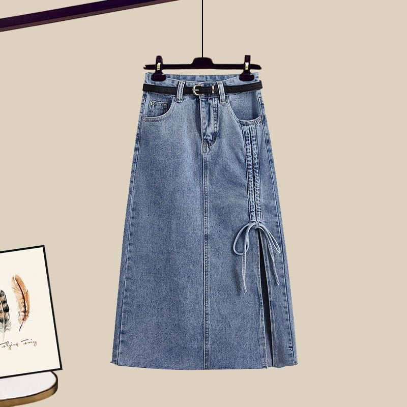 Plus size women's design sense niche waist shirt Denim skirt two-piece set