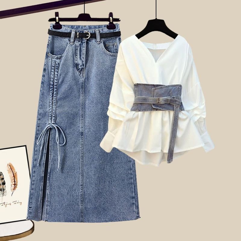Plus size women's design sense niche waist shirt Denim skirt two-piece set
