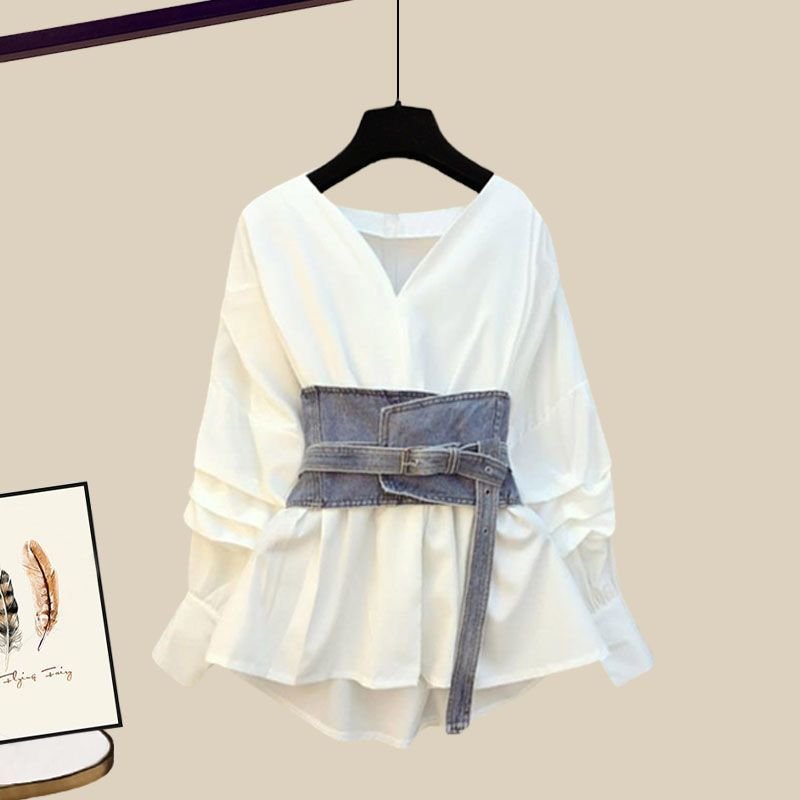 Plus size women's design sense niche waist shirt Denim skirt two-piece set