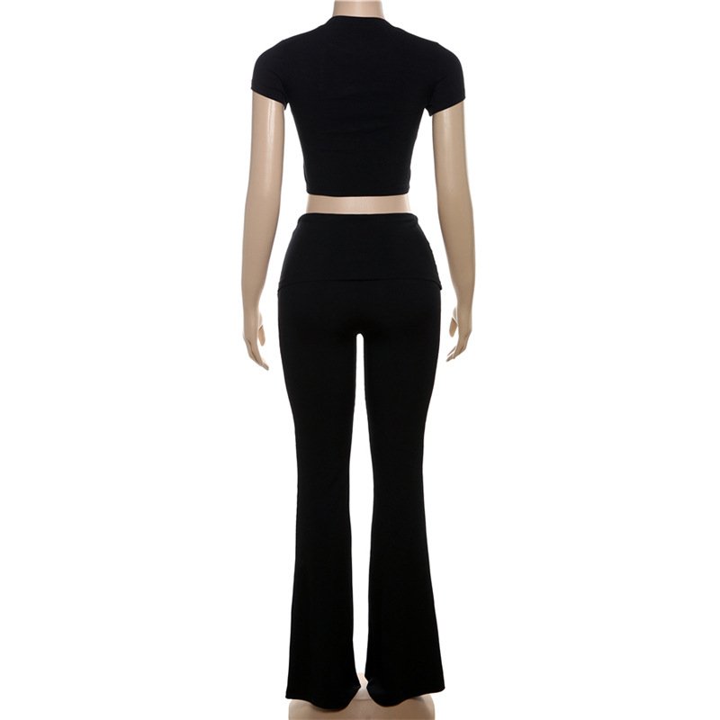 Casual 2 Piece Set Women ribbed short sleeve crop tops Wide Leg Pants Sets Solid Women's Set