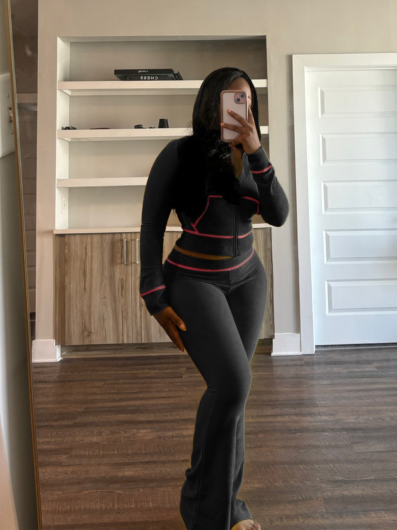 Waffle Texture Striped Women's Set Hooded Tops+Flare Pants Suits 2024 Autumn Casual Street Baddie 2 Piece Sets