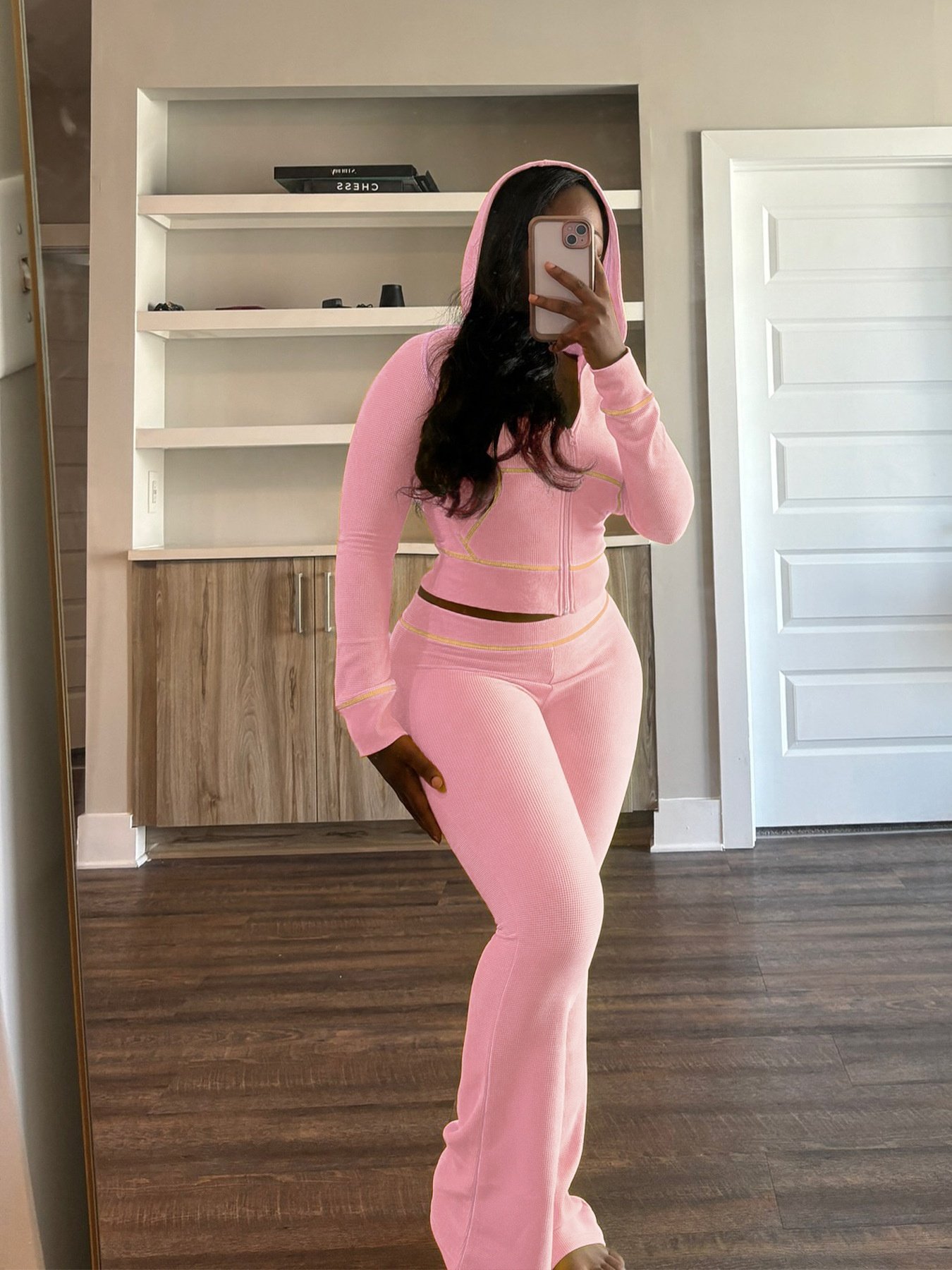 Waffle Texture Striped Women's Set Hooded Tops+Flare Pants Suits 2024 Autumn Casual Street Baddie 2 Piece Sets