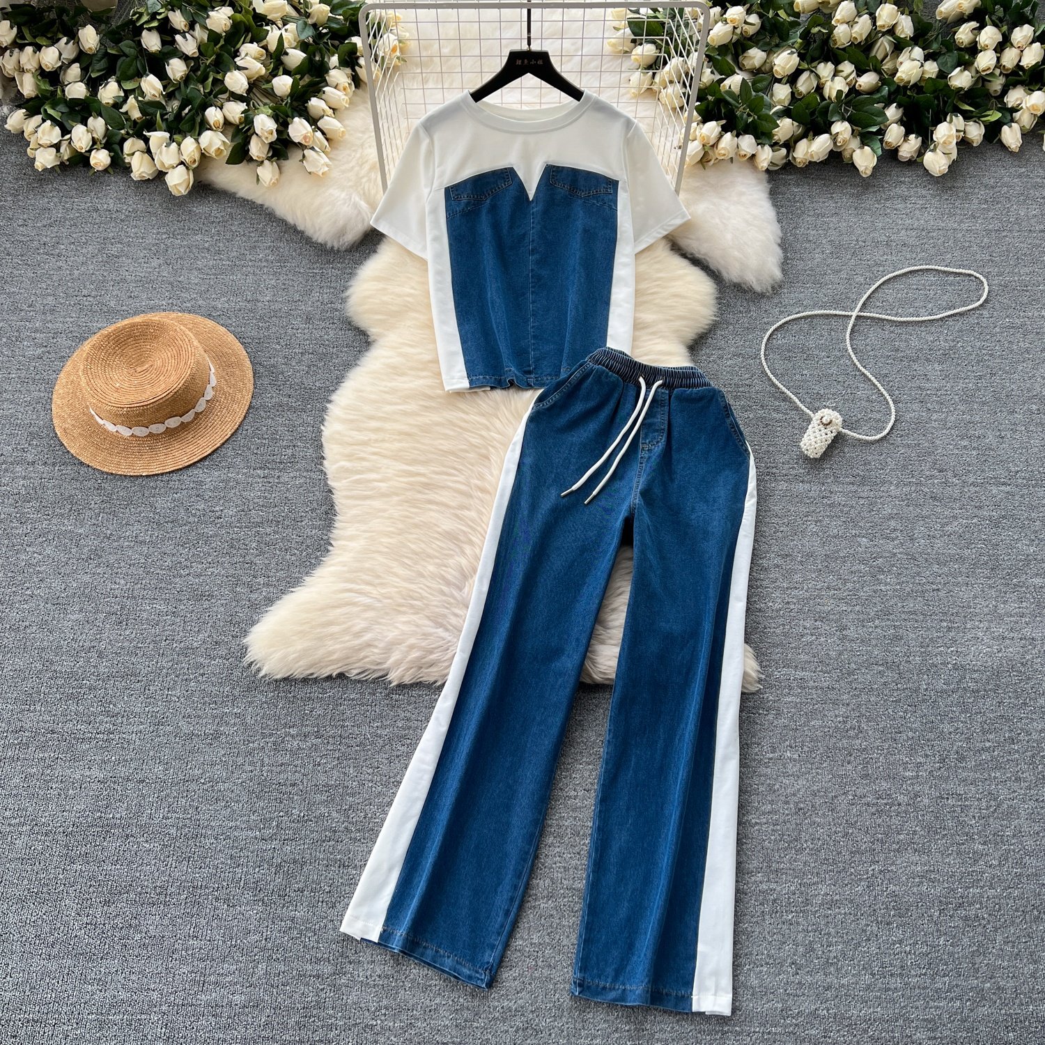 Women'S Short Sleeve T-Shirt Spliced Denim Top High Waisted Casual Pants Two Piece Set