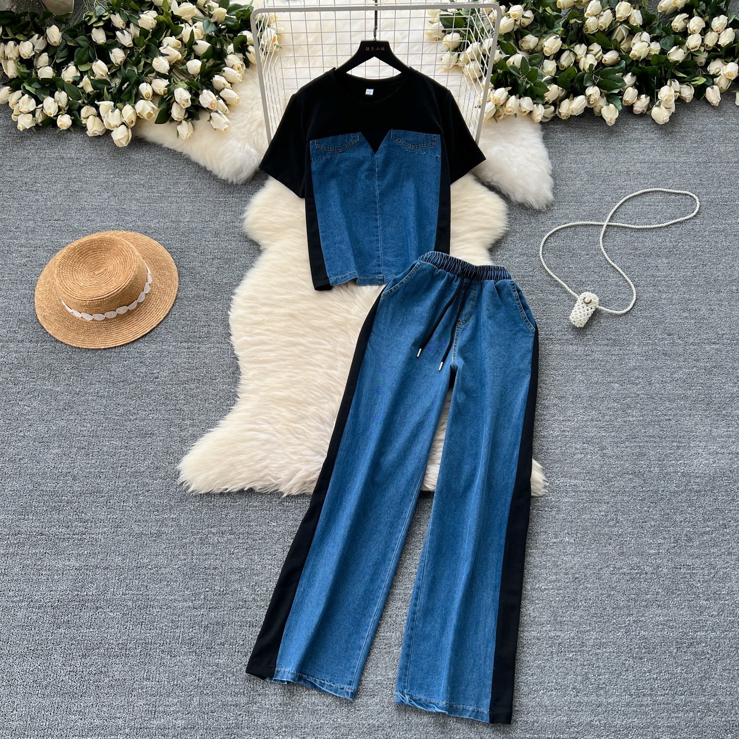 Women'S Short Sleeve T-Shirt Spliced Denim Top High Waisted Casual Pants Two Piece Set