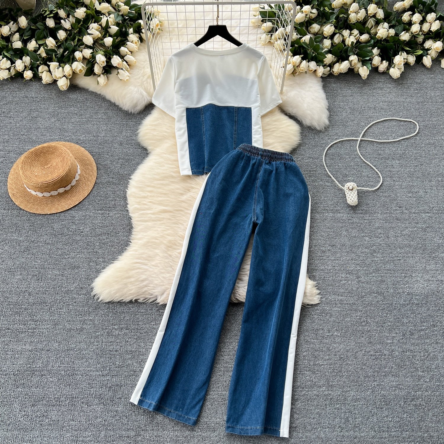 Women'S Short Sleeve T-Shirt Spliced Denim Top High Waisted Casual Pants Two Piece Set