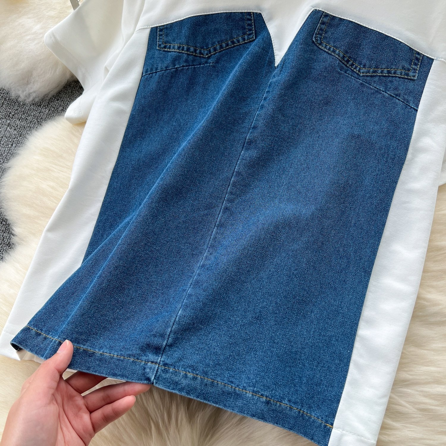 Women'S Short Sleeve T-Shirt Spliced Denim Top High Waisted Casual Pants Two Piece Set