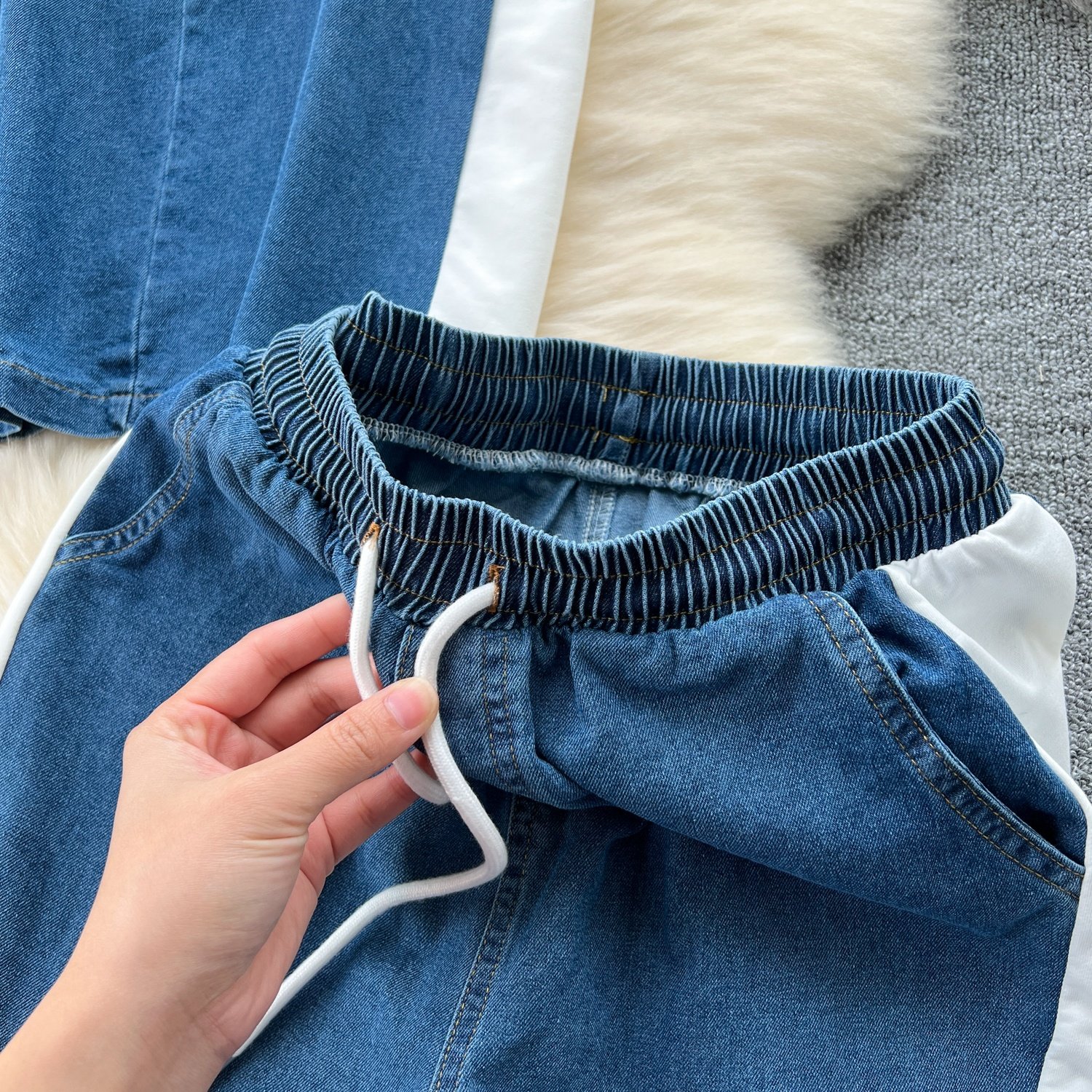 Women'S Short Sleeve T-Shirt Spliced Denim Top High Waisted Casual Pants Two Piece Set