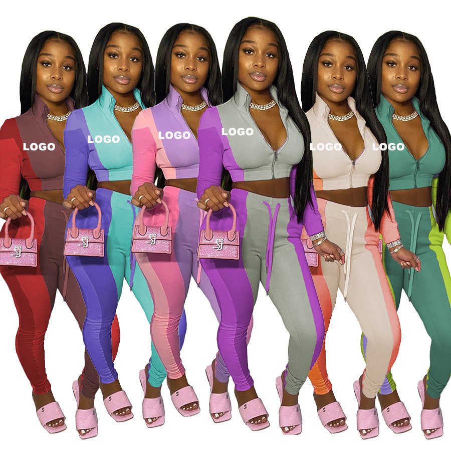 Long Sleeve Cropped Zipper Up Women Clothing Tracksuit Sweatsuit Two 2 Piece Women's Sets With Patchwork