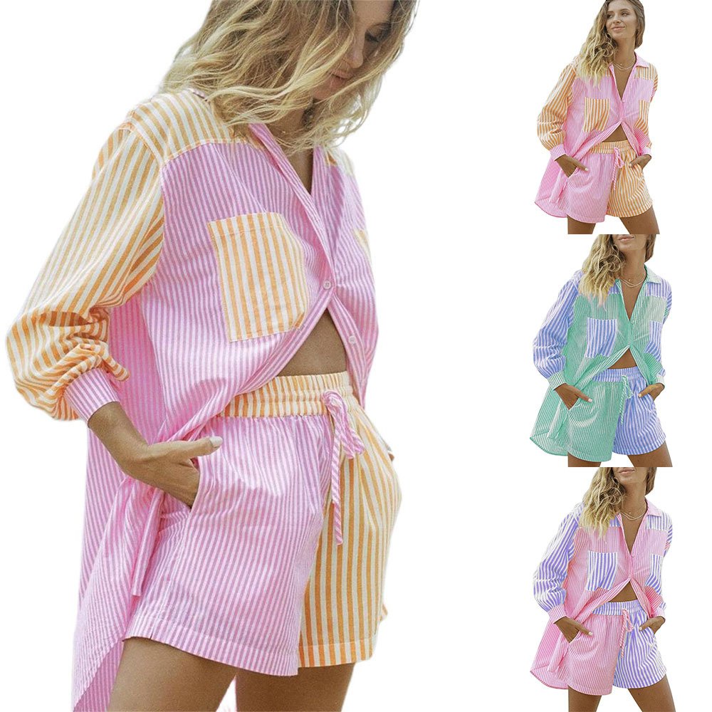 Boutique Wholesale 2024 Summer New Lapel Single Breasted Striped Loose Shirt Casual Shorts Women's Set