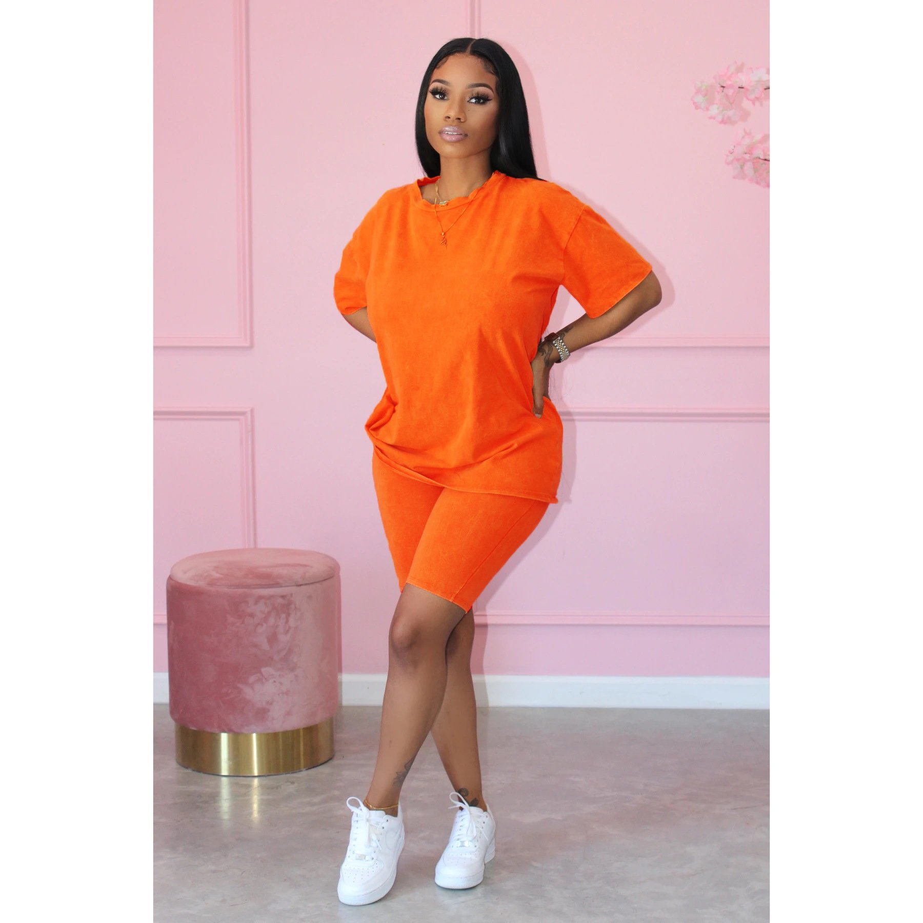 Women's Cotton Solid Color Casual Loose Plus Size T-shirt Shorts Two-piece Set