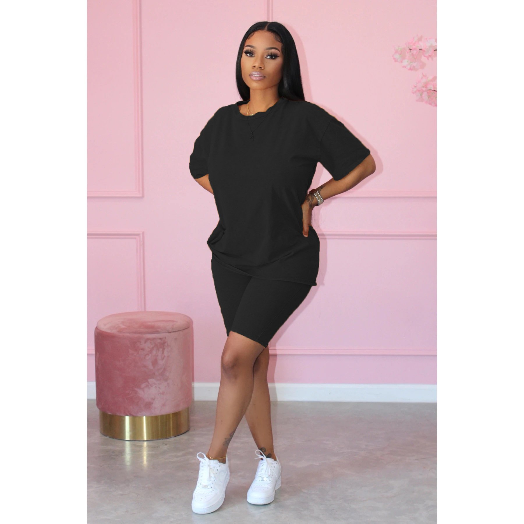 Women's Cotton Solid Color Casual Loose Plus Size T-shirt Shorts Two-piece Set