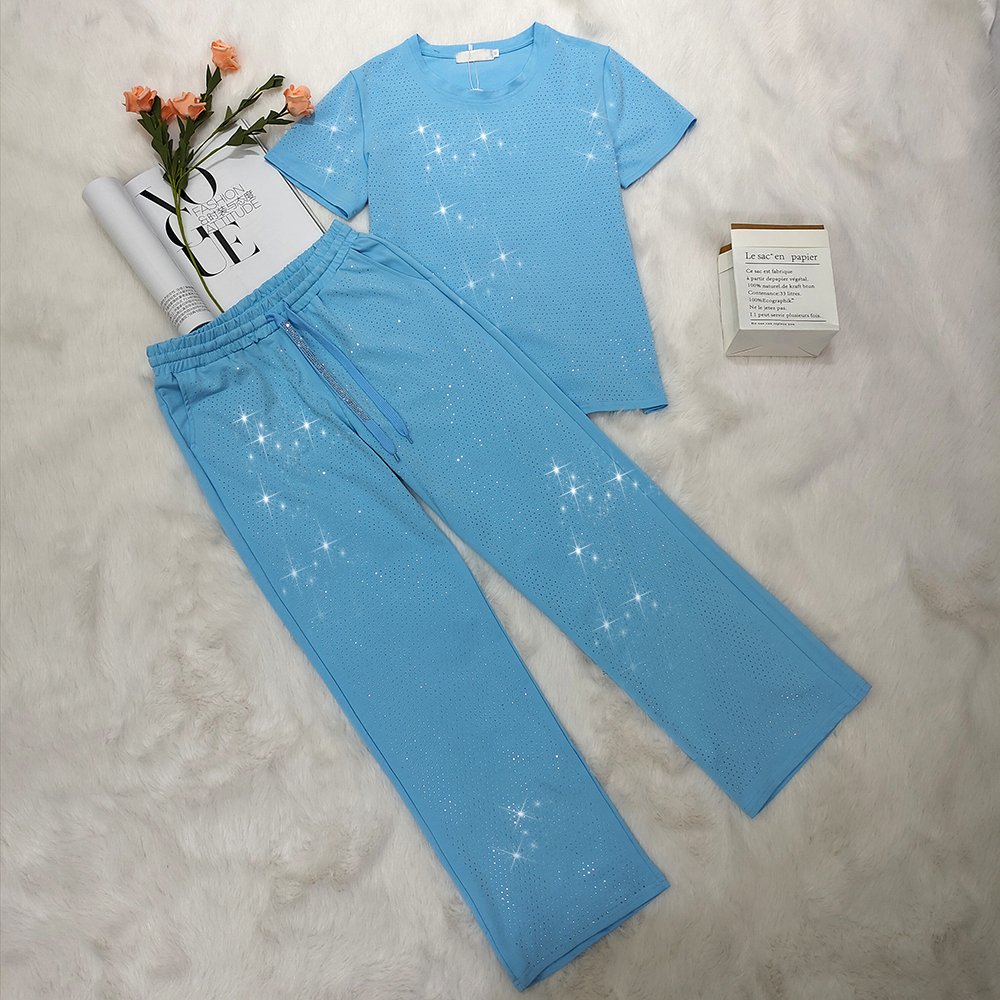 Ruixi Multicolor Selection Short Sleeve Top And Pant Two Piece Rhinestone Women Set