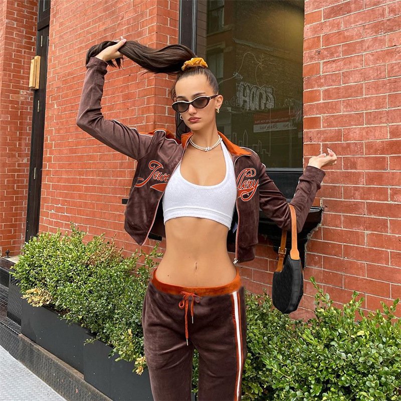 Letter embroidered 2 pcs sets fashion shinny pink sports women's clothing Tracksuit slim straight Sweatpants Streetwear suit