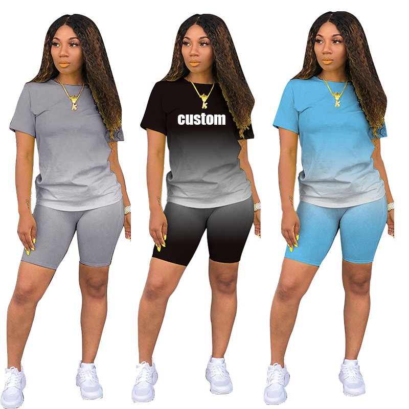 2024 Women'S Tracksuit Outfit Custom Logo Short Sleeve Shorts Casual Gradient Short Sleeve Two Piece Pants Set For Women