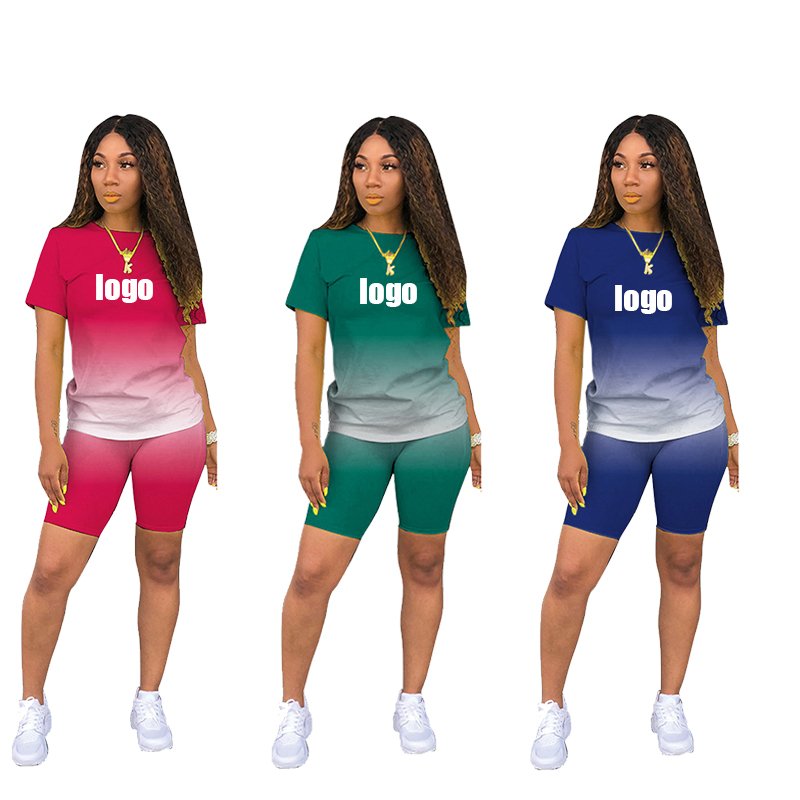 2024 Women'S Tracksuit Outfit Custom Logo Short Sleeve Shorts Casual Gradient Short Sleeve Two Piece Pants Set For Women