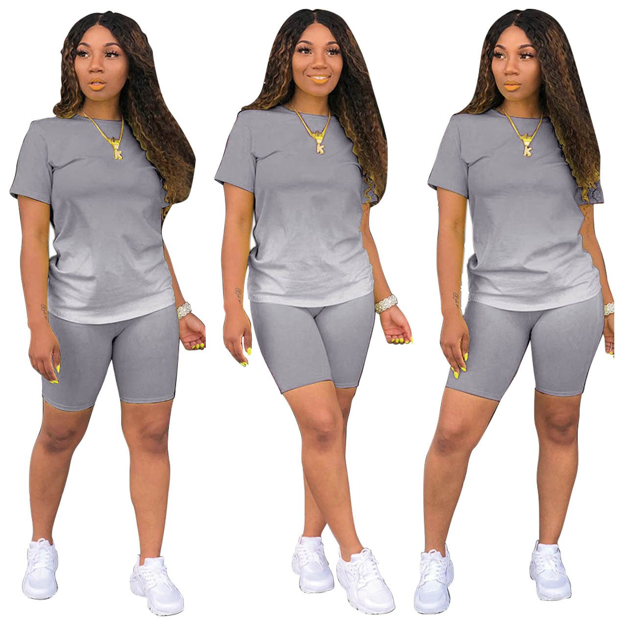 2024 Women'S Tracksuit Outfit Custom Logo Short Sleeve Shorts Casual Gradient Short Sleeve Two Piece Pants Set For Women