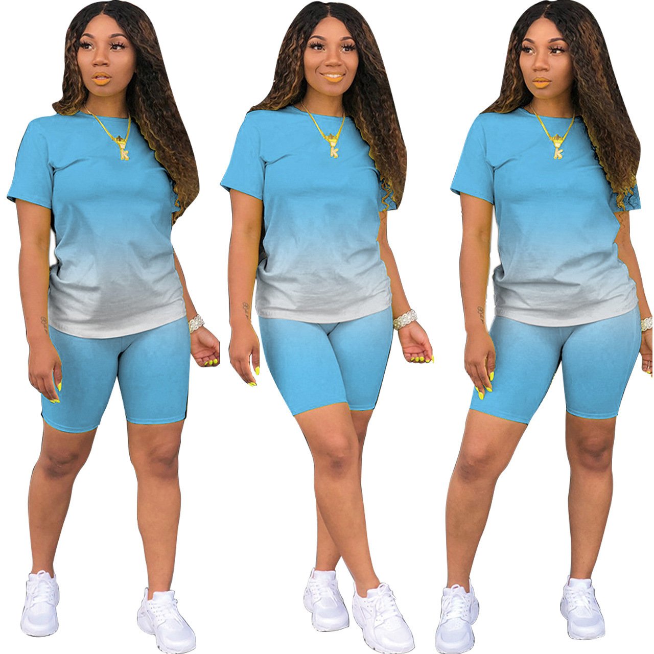 2024 Women'S Tracksuit Outfit Custom Logo Short Sleeve Shorts Casual Gradient Short Sleeve Two Piece Pants Set For Women