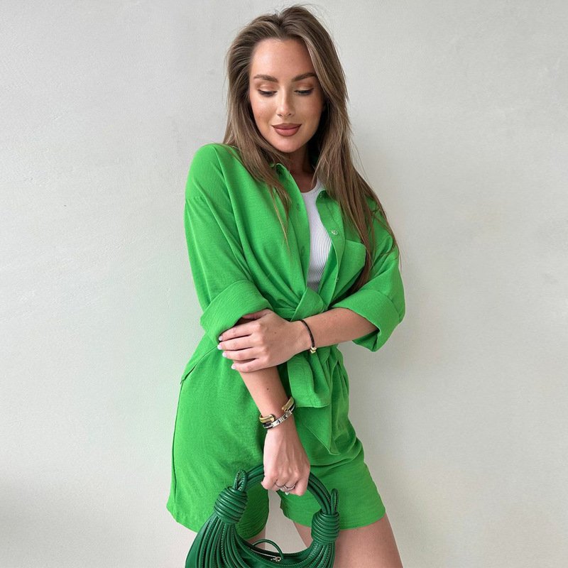 YFS wholesale custom 2024 summer suit women long sleeve shirt shorts loose casual women's two-piece set