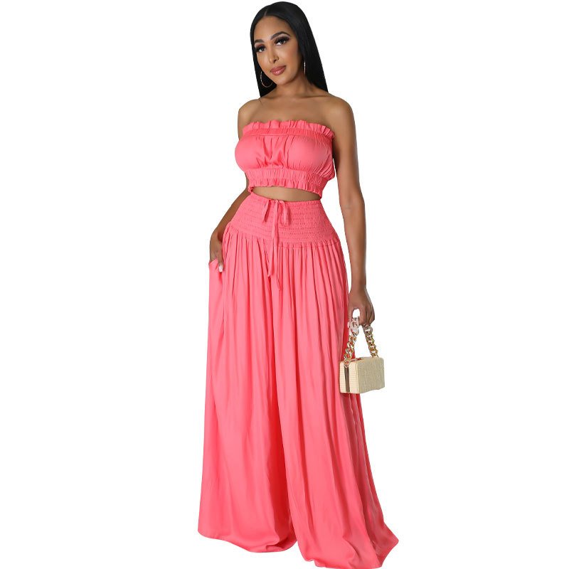 S to 2X Women Summer Two Pieces Wide Legs Trousers Set Strapless Crop Top Set Solid Color Women's Sets
