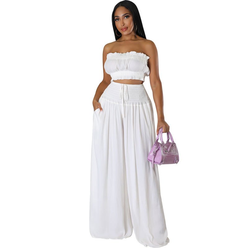 S to 2X Women Summer Two Pieces Wide Legs Trousers Set Strapless Crop Top Set Solid Color Women's Sets