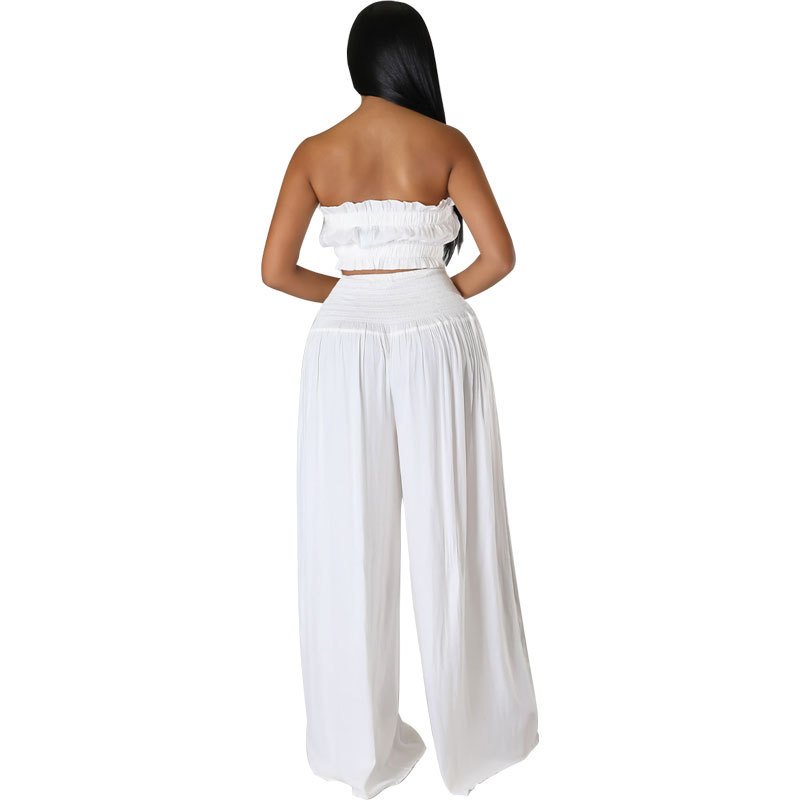S to 2X Women Summer Two Pieces Wide Legs Trousers Set Strapless Crop Top Set Solid Color Women's Sets