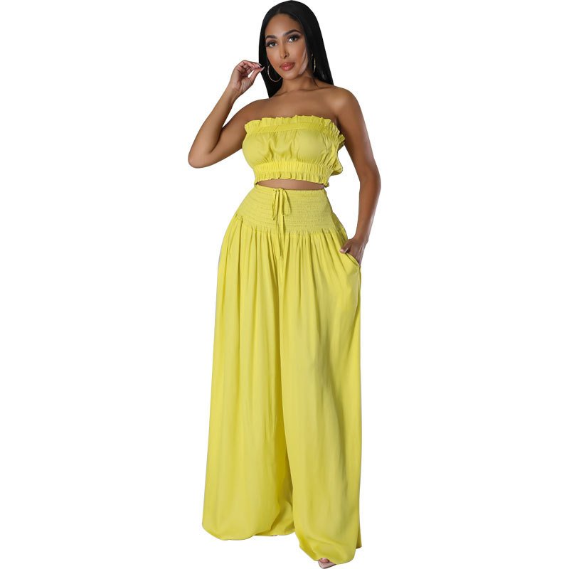 S to 2X Women Summer Two Pieces Wide Legs Trousers Set Strapless Crop Top Set Solid Color Women's Sets