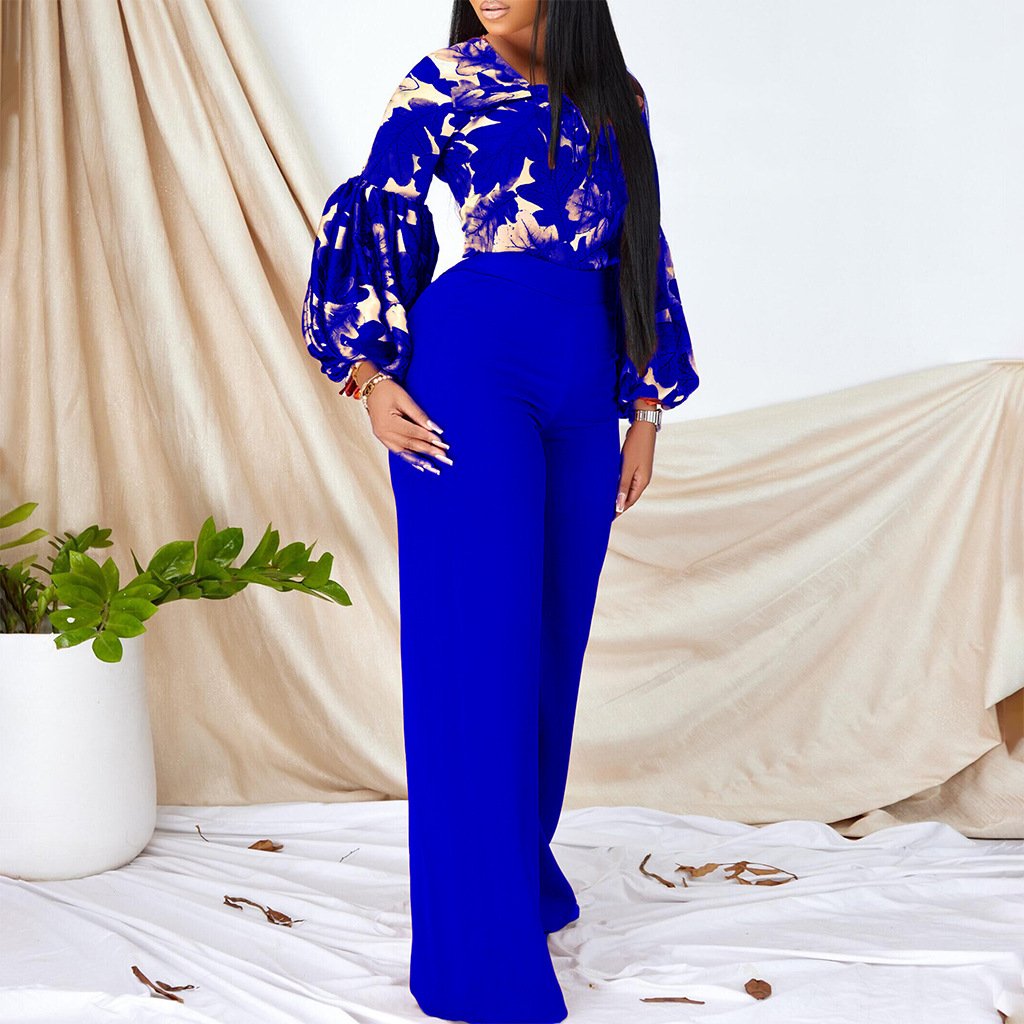 Plus Size Trendy Ladies Office 2 Piece Pants Set Women Outfits Print Strap Top Wide Leg Pants Two Piece Set Women Clothing