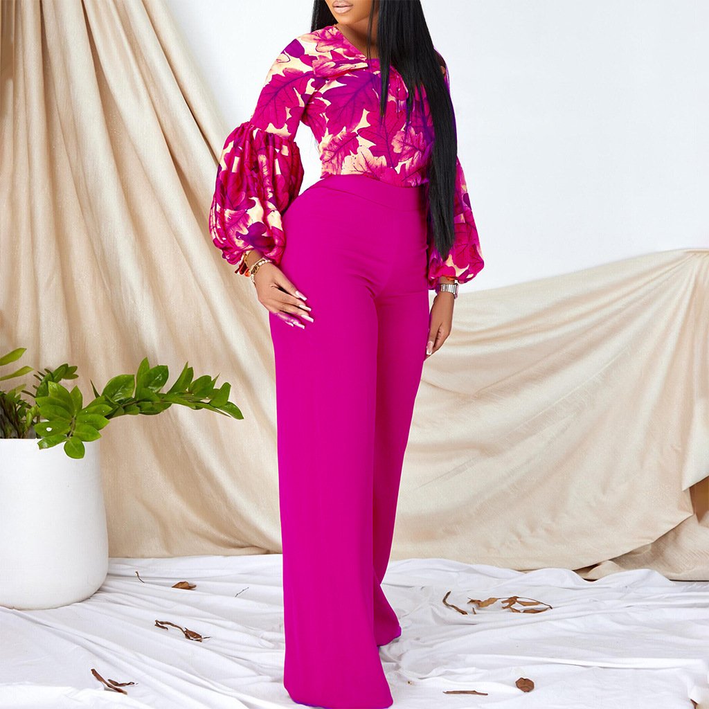 Plus Size Trendy Ladies Office 2 Piece Pants Set Women Outfits Print Strap Top Wide Leg Pants Two Piece Set Women Clothing