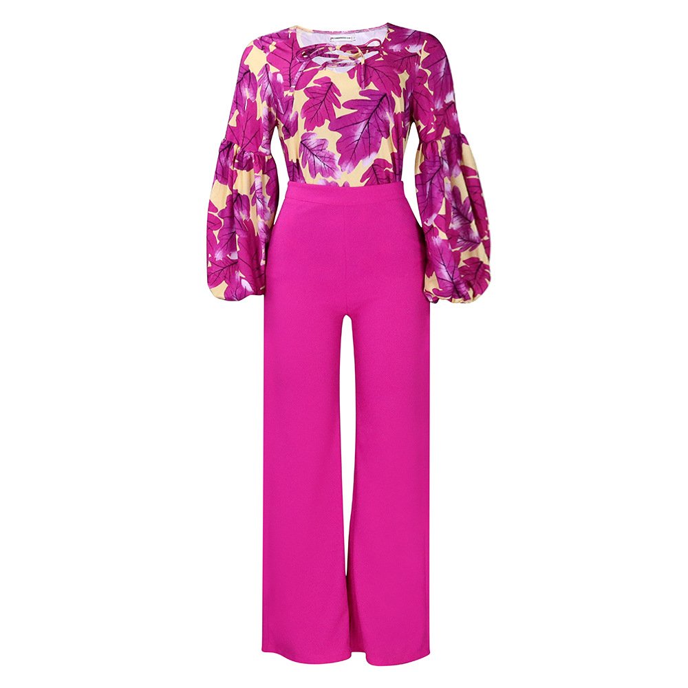 Plus Size Trendy Ladies Office 2 Piece Pants Set Women Outfits Print Strap Top Wide Leg Pants Two Piece Set Women Clothing