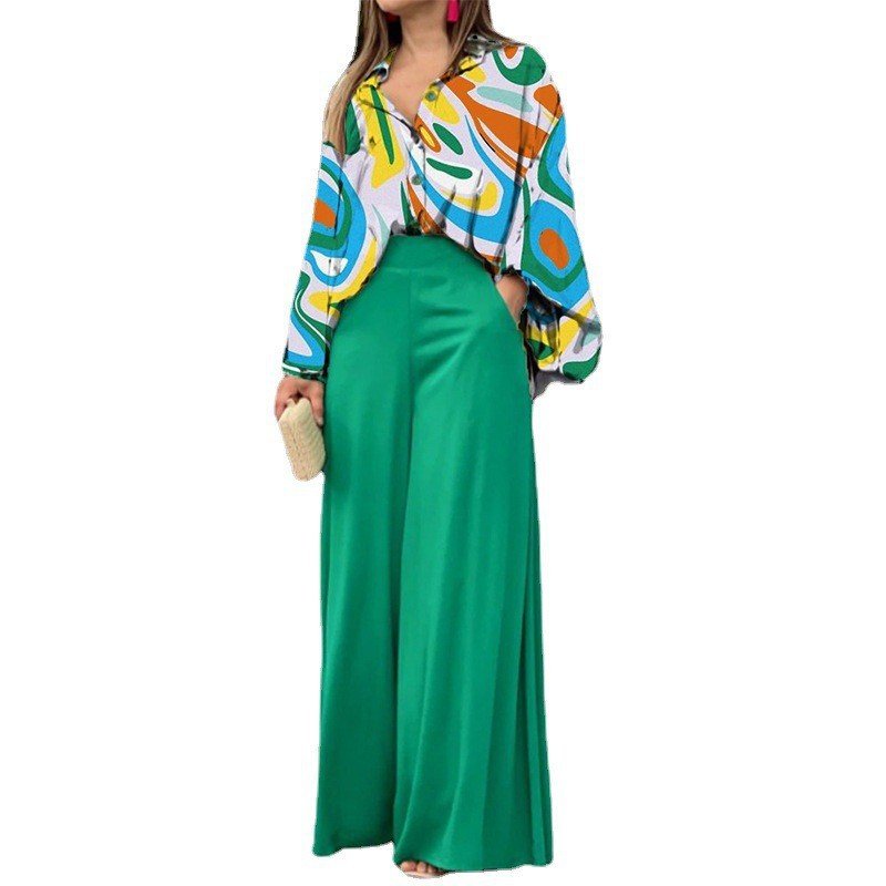Wholesale Women's Sets Casual Loose Trousers And Print Long Sleeve Cardigan Single Breasted Shirt Woman Two Piece Pants Set