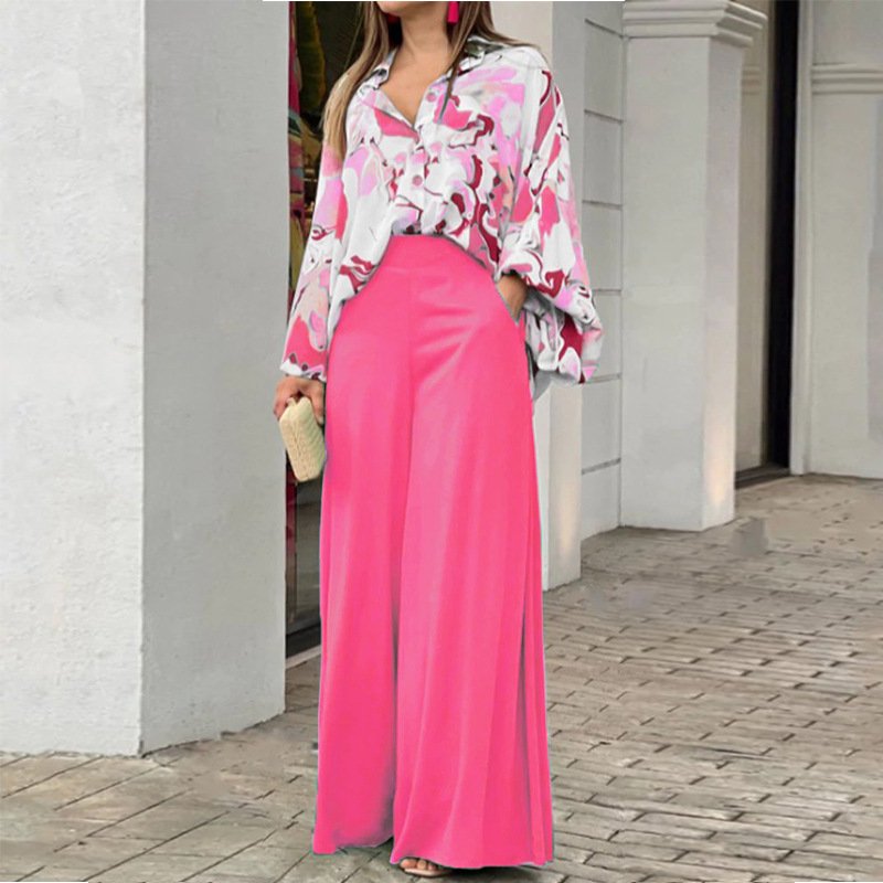 Wholesale Women's Sets Casual Loose Trousers And Print Long Sleeve Cardigan Single Breasted Shirt Woman Two Piece Pants Set
